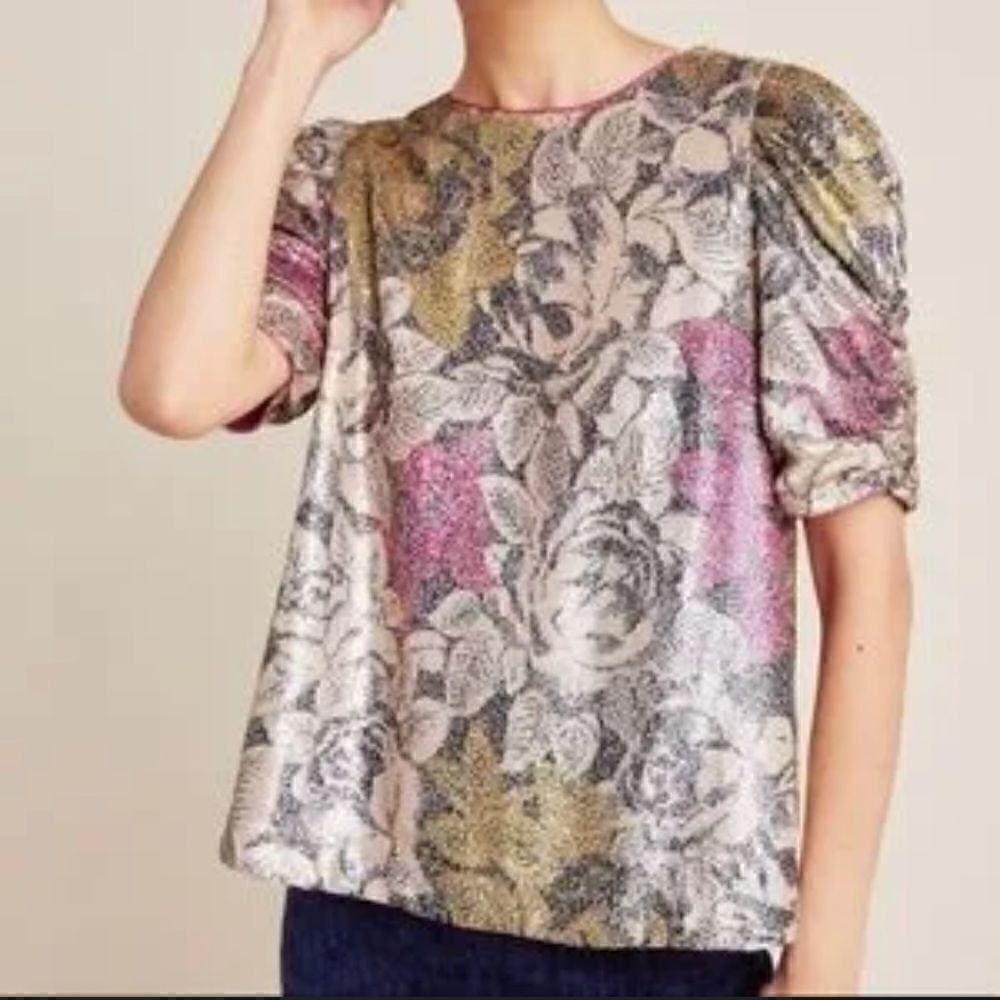 Anthropologie Metallic Floral Puff-Sleeve Blouse in Gold, Pink, Blue